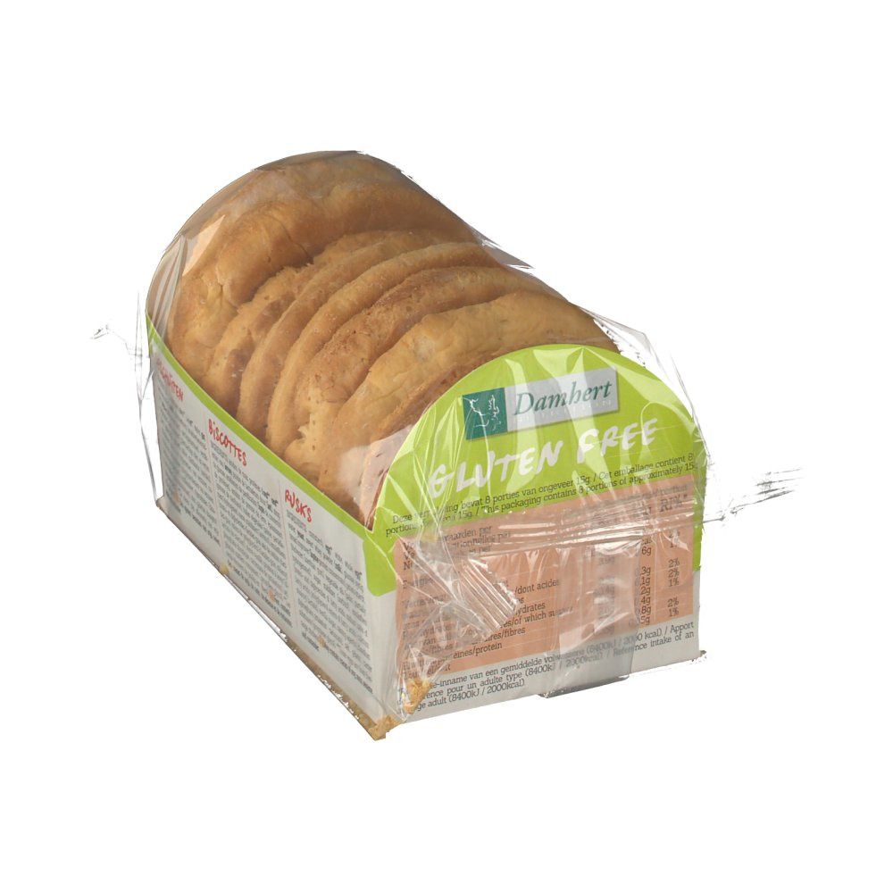 Verpakking glutenvrije beschuiten. Merk Damhert. Opschrift 'Gluten Free'. Beschuiten verpakt in folie.