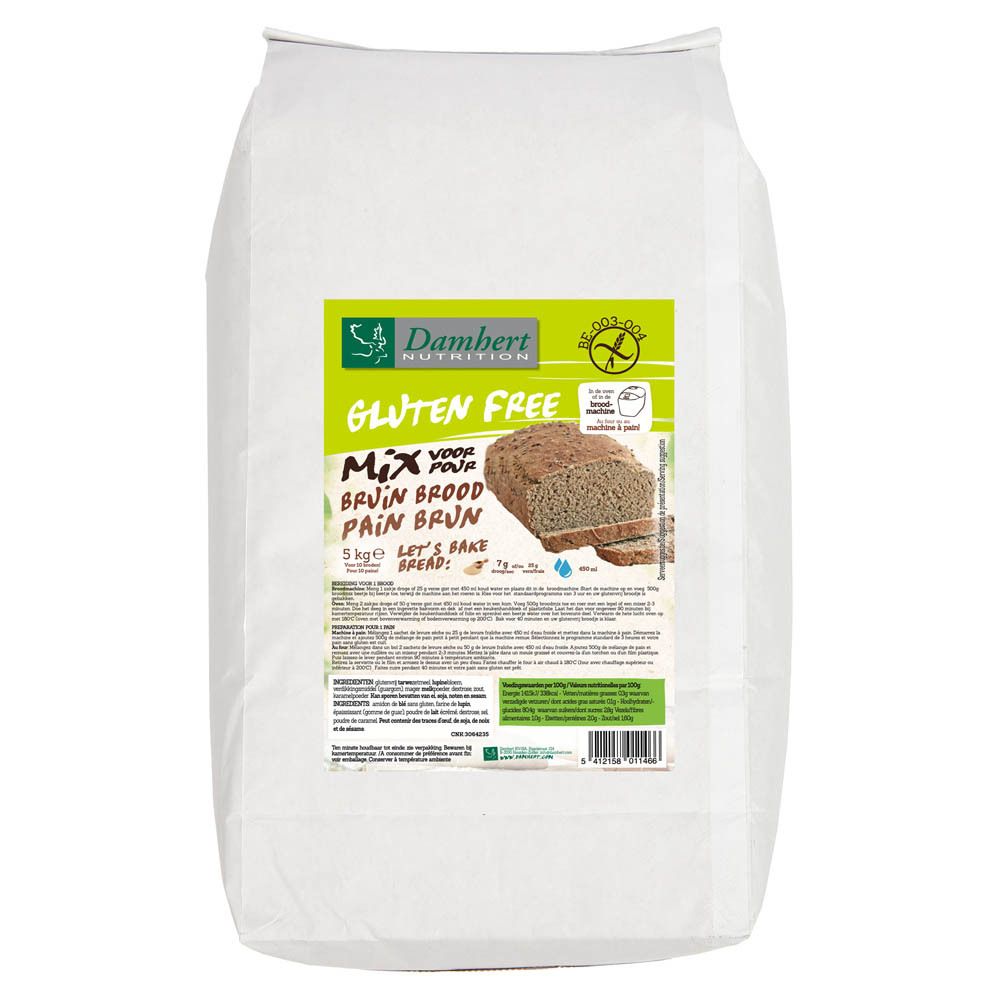 Mélange de pain brun sans gluten Damhert. Sac blanc avec informations et image de pain. 5 kg.
