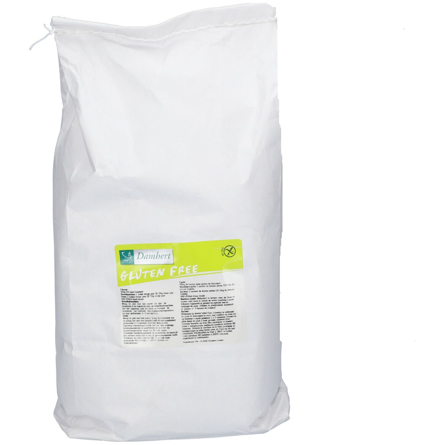 Mélange de pain sans gluten Damhert. Sac blanc avec informations et logo. Label sans gluten.