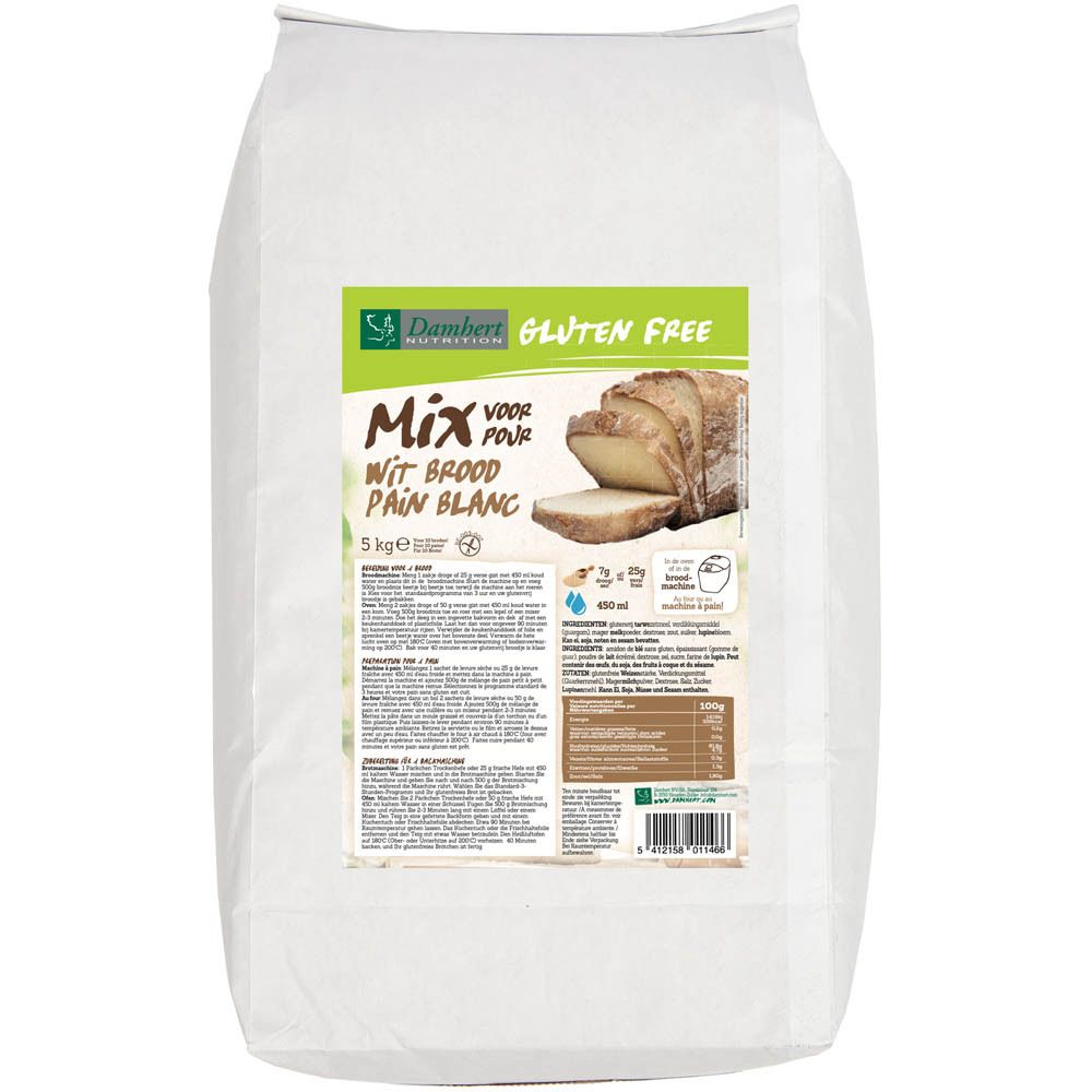 Glutenvrije mix voor wit brood in een witte zak. Bedrukt met productnaam, logo en broodafbeelding. 5 kg.