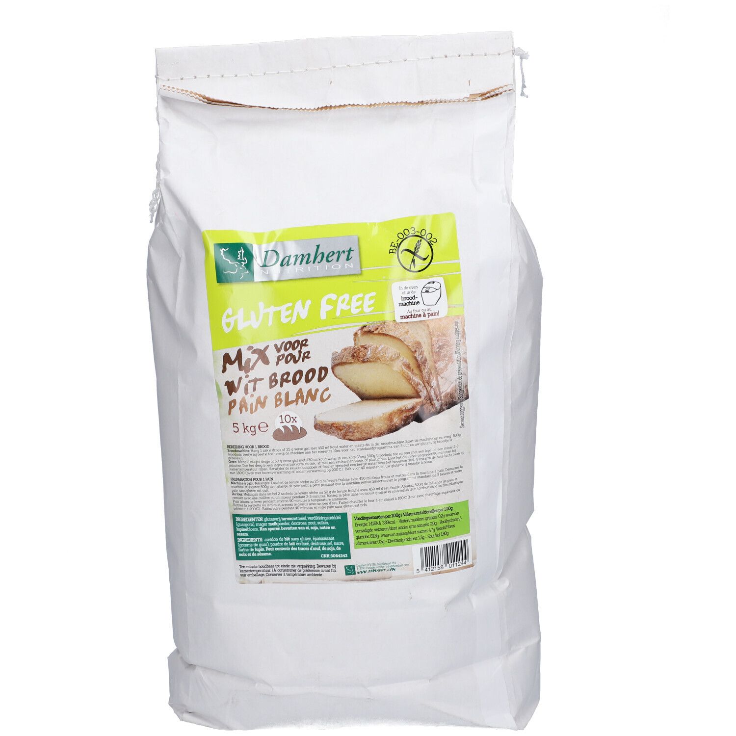 Glutenvrije mix voor wit brood in een witte zak. Bedrukt met productnaam, logo en broodafbeelding. 5 kg.