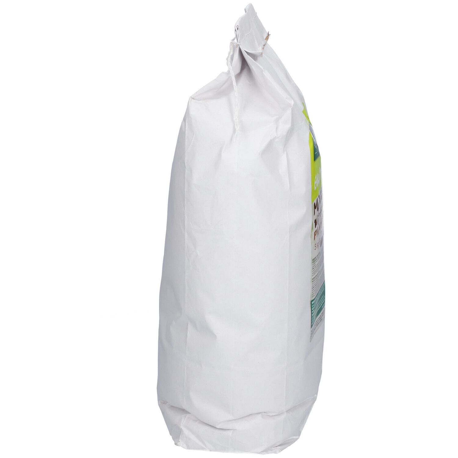 Zijaanzicht van een witte zak met glutenvrije mix voor wit brood. De zak is gesloten.