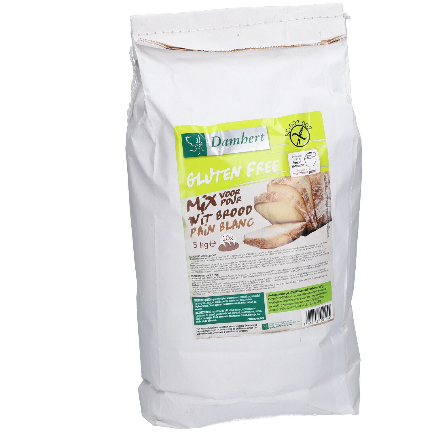 Glutenvrije mix voor wit brood in een witte zak. Bedrukt met productnaam, logo en broodafbeelding. 10x5 kg.