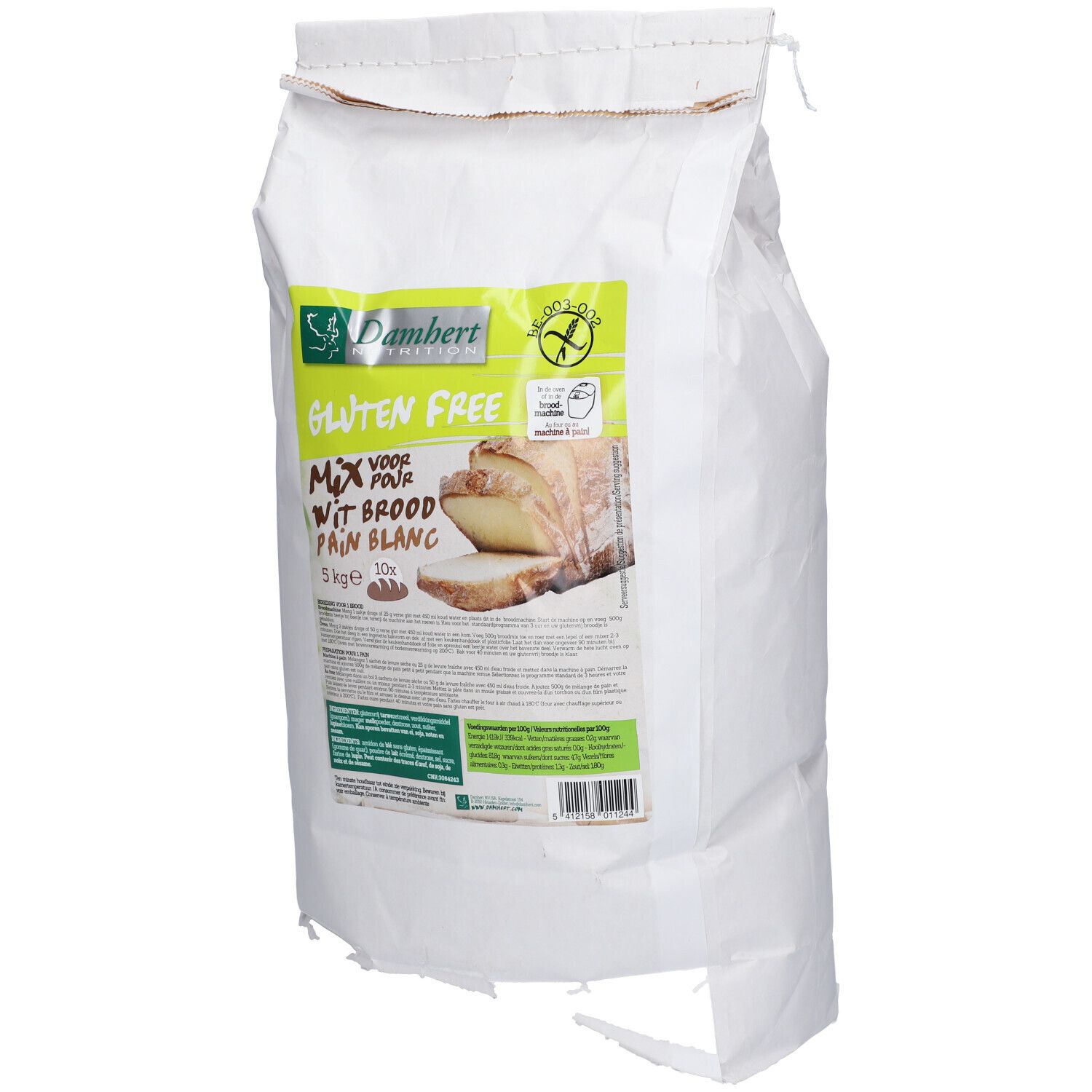 Glutenvrije mix voor wit brood in een witte zak. Bedrukt met productnaam, logo en broodafbeelding. 5 kg.