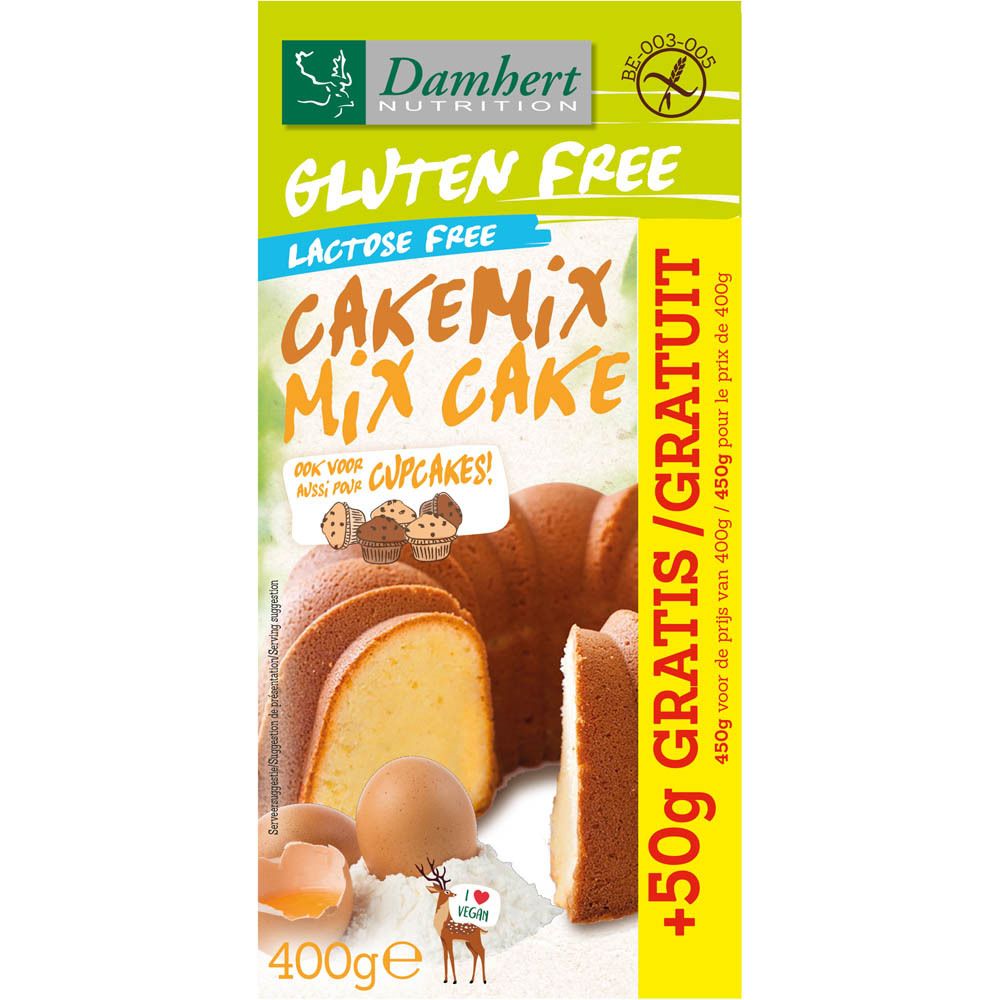 Damhert Kuchen Backmischung glutenfrei. Karton mit Produktabbildung, Text: Gluten Free, Lactose Free, Cakemix Mix Cake. 400g + 50g gratis.