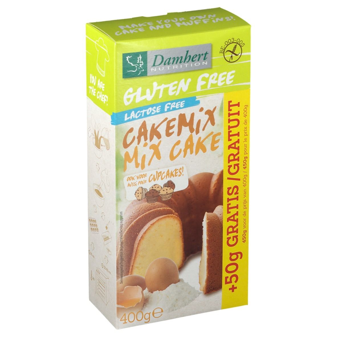 Damhert Kuchen Backmischung glutenfrei. Karton mit Produktabbildung, Text: Gluten Free, Lactose Free, Cakemix Mix Cake. 400g.