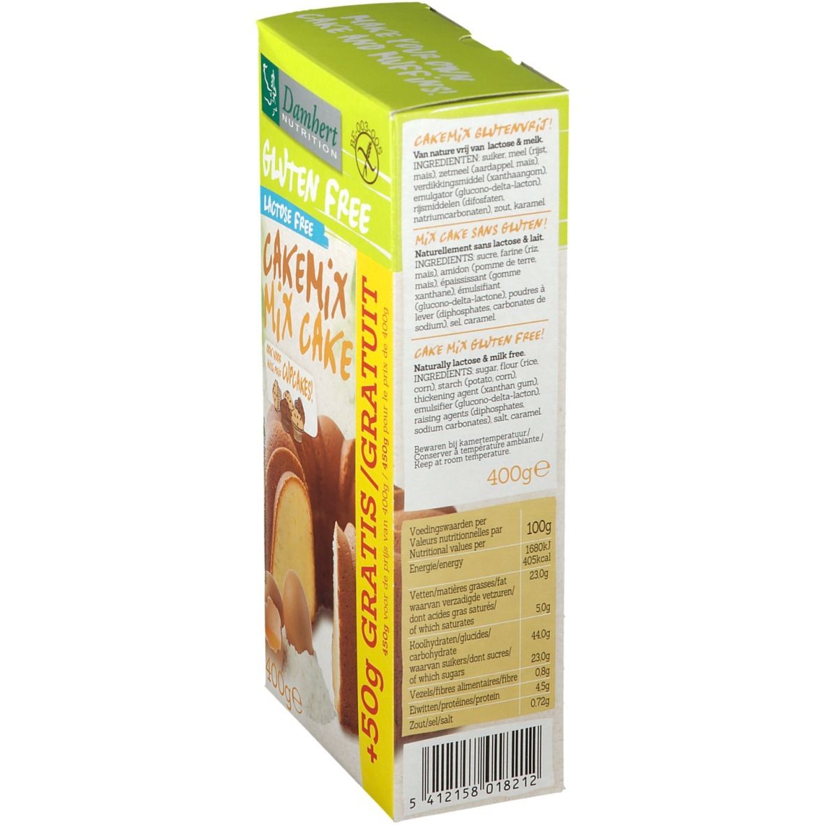Damhert Kuchen Backmischung glutenfrei. Karton, Rückseite mit Zutatenliste und Nährwertangaben. Text: Gluten Free, Lactose Free, 400g.