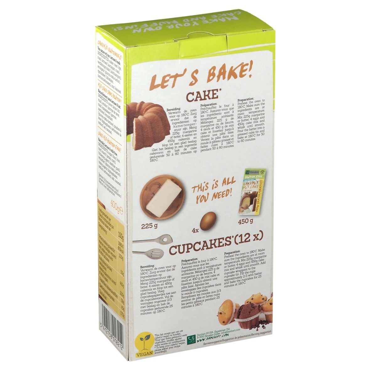 Damhert Kuchen Backmischung glutenfrei. Karton, Rückseite mit Zubereitungshinweisen und Abbildungen. Text: Let's Bake! Cake, 450g, 12 Cupcakes.