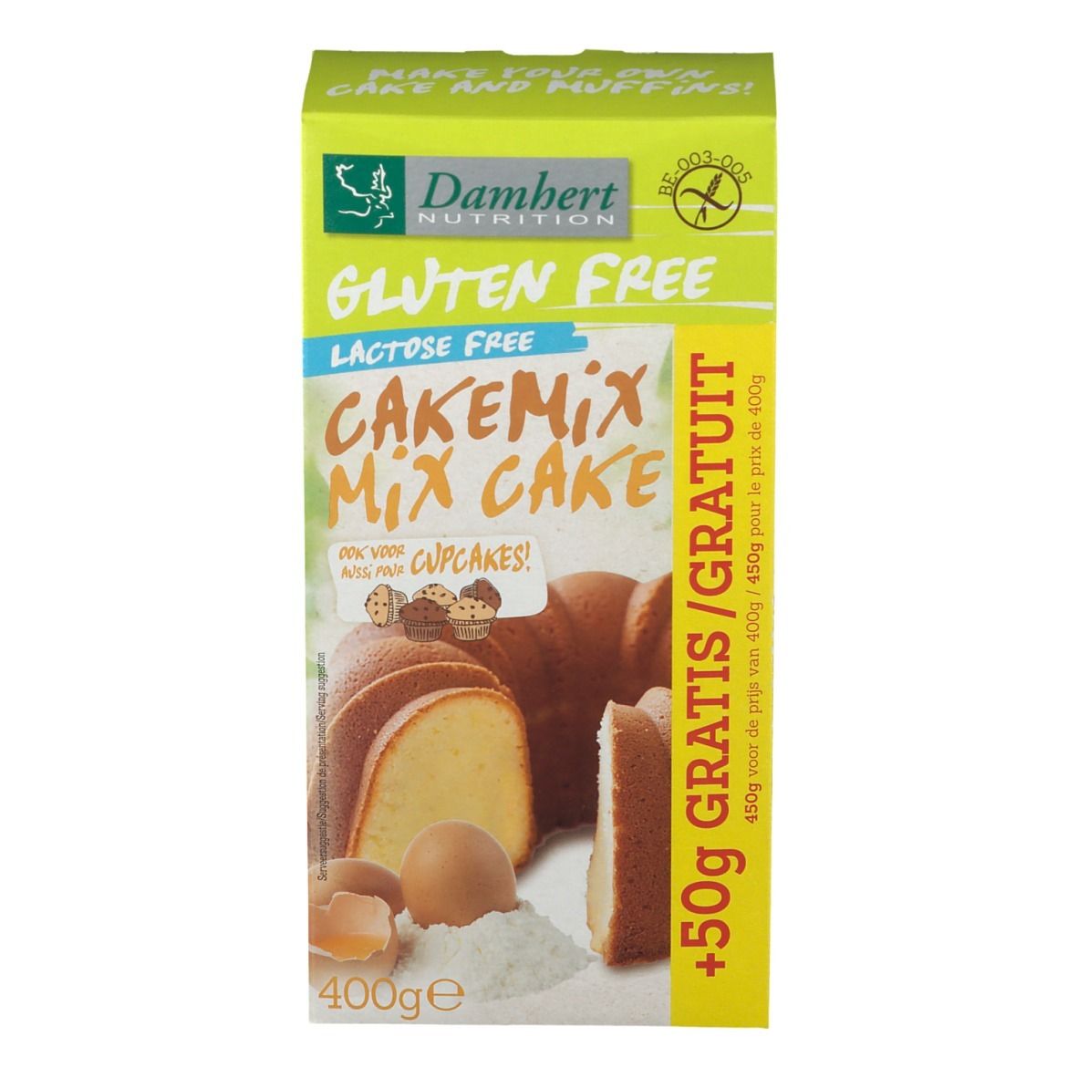 Damhert Kuchen Backmischung glutenfrei. Karton mit Produktabbildung, Text: Gluten Free, Lactose Free, Cakemix Mix Cake. 400g + 50g gratis.