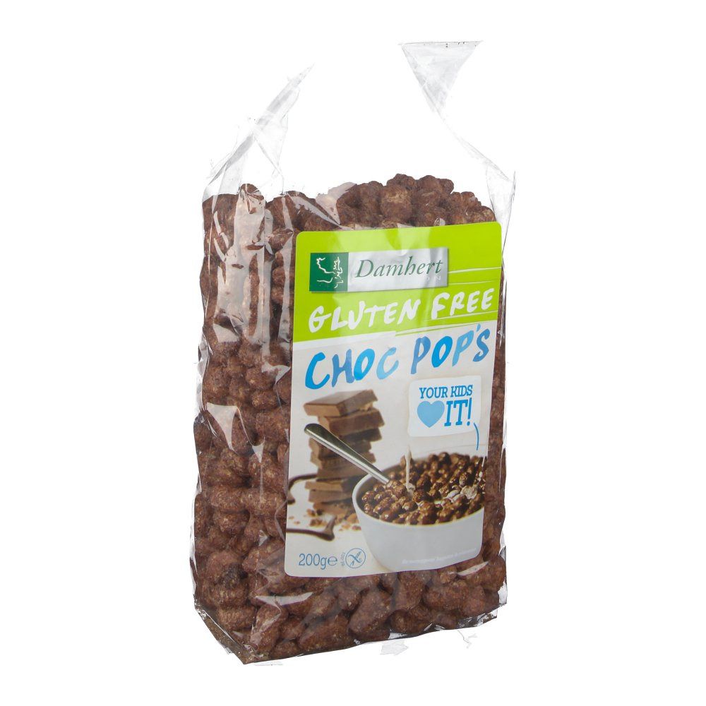 Transparante zak met glutenvrije Choc Pops. Groen-wit etiket met productnaam en logo. Afbeelding van chocolade en ontbijtgranen.