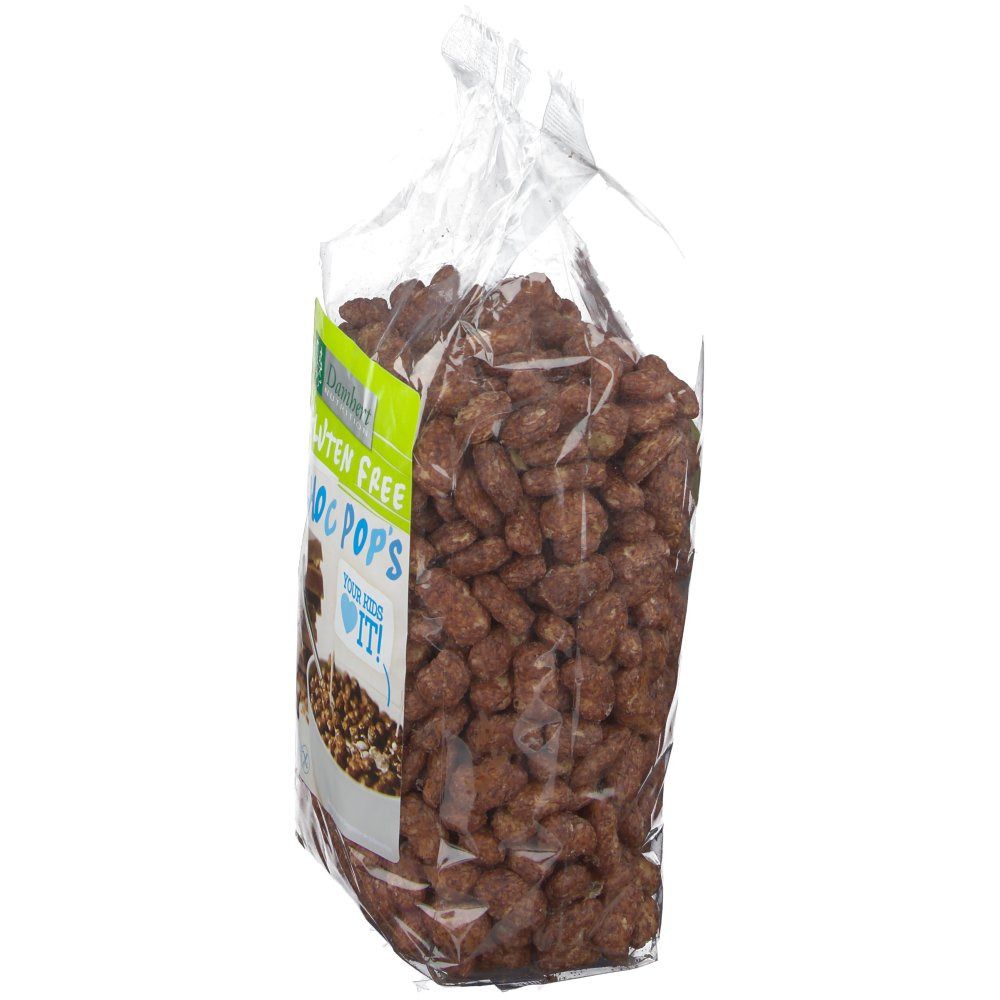 Zijaanzicht van de transparante zak met glutenvrije Choc Pops. Het product is zichtbaar. Groen-wit etiket met productnaam.