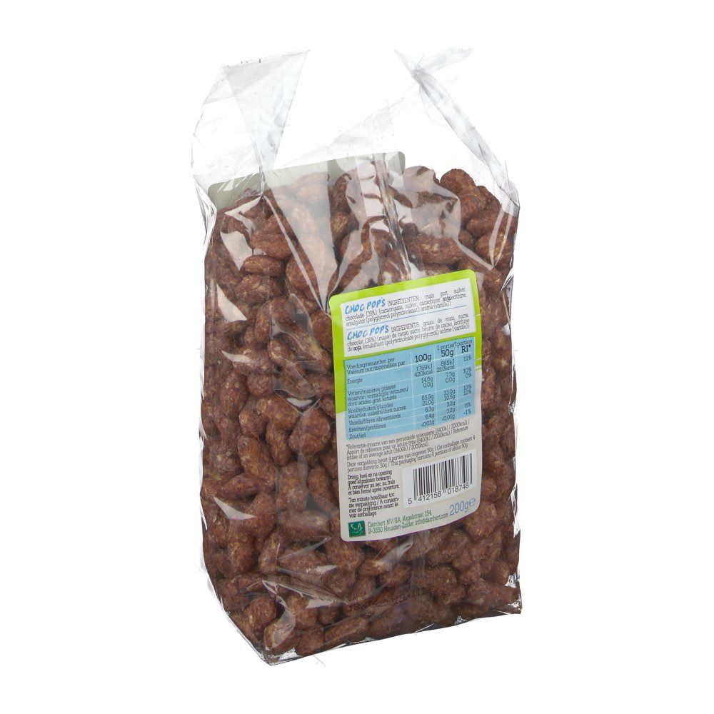 Achterkant van de transparante zak met glutenvrije Choc Pops. Etiket met voedingswaarde en productinformatie. 200g.