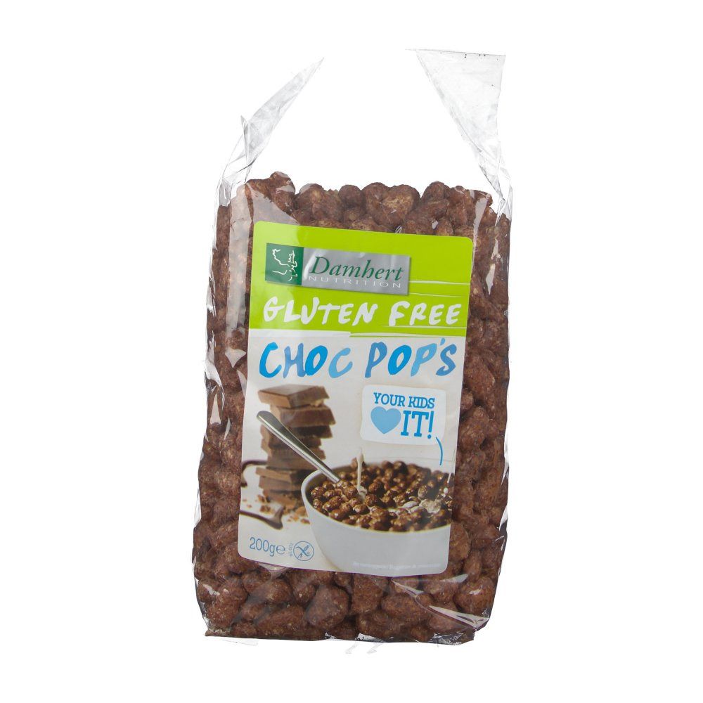 Transparante zak met glutenvrije Choc Pops. Groen-wit etiket met productnaam en logo. Afbeelding van chocolade en ontbijtgranen.