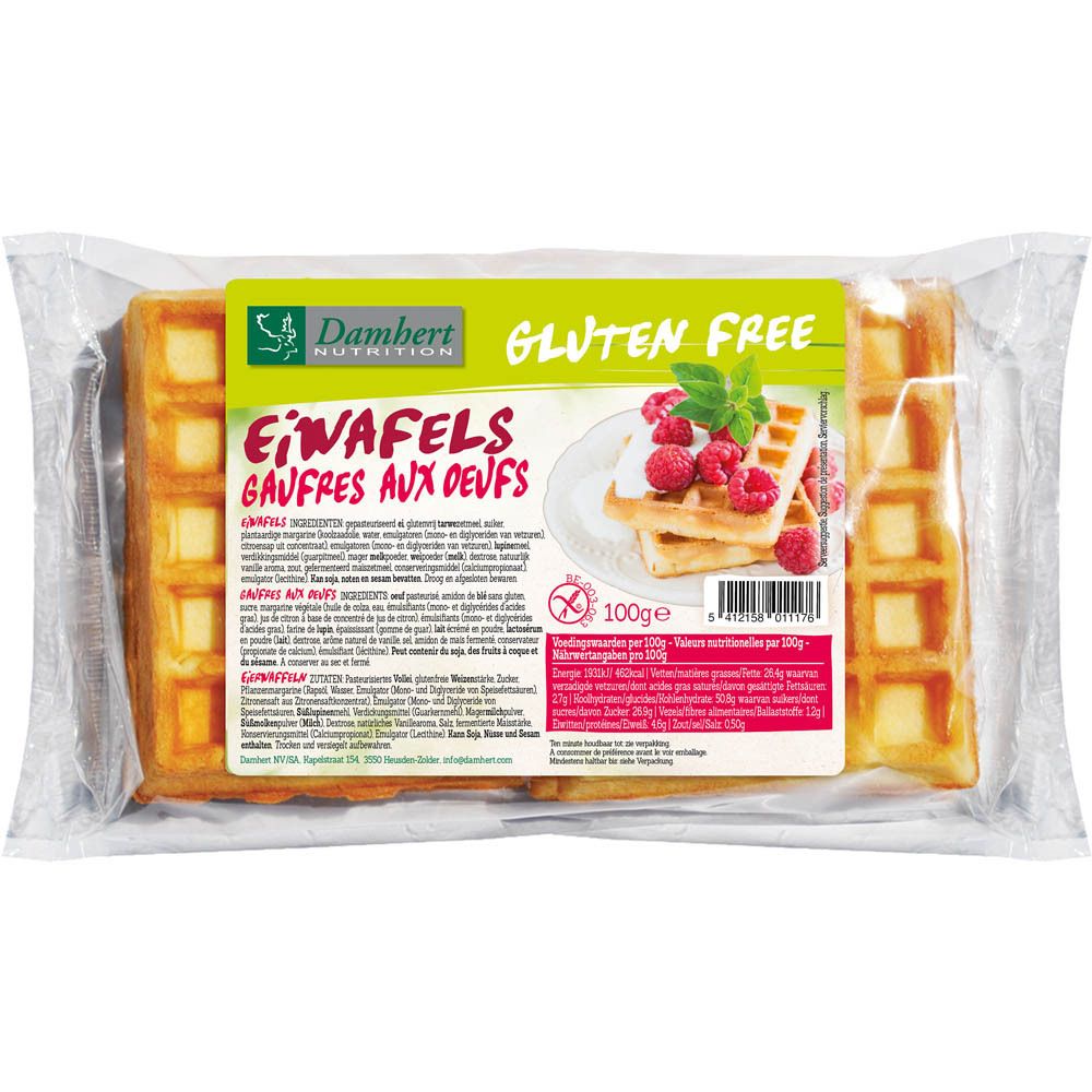 Verpackte glutenfreie Eierwaffeln. Marke, Produktname, glutenfrei-Logo, Waffeln mit Himbeeren.