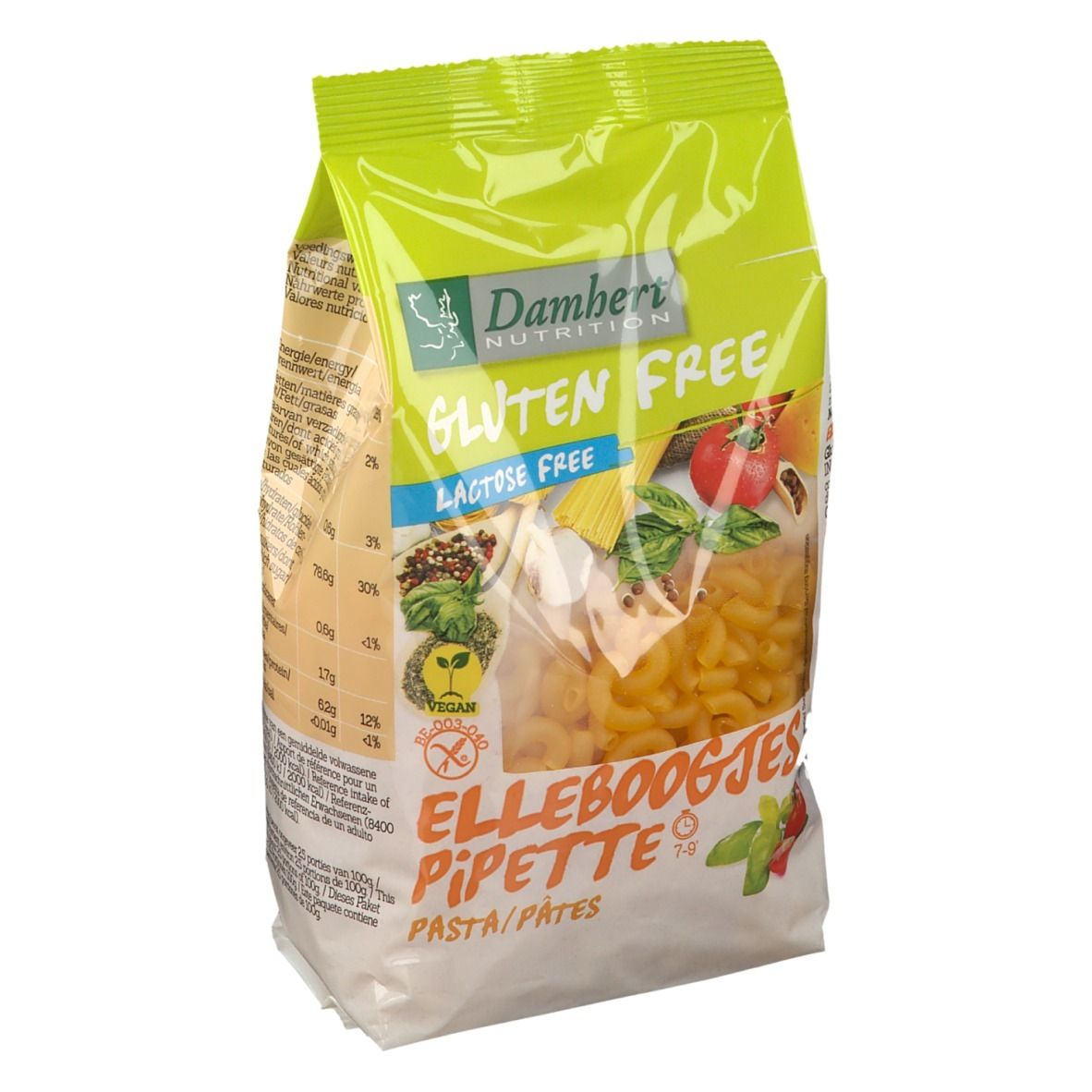 Damhert Pipette Pasta glutenfrei. Transparente Tüte mit gelben Nudeln. Aufdruck: Gluten Free, Lactose Free, Vegan.
