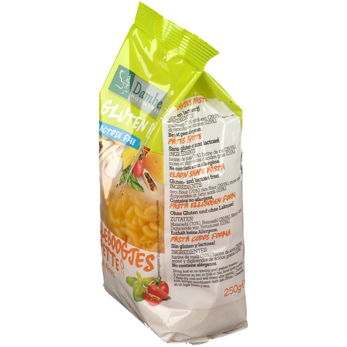 Damhert Pipette Pasta glutenfrei. Rückseite der Verpackung. Text in mehreren Sprachen. Enthält Informationen zu Zutaten und Nährwerten.