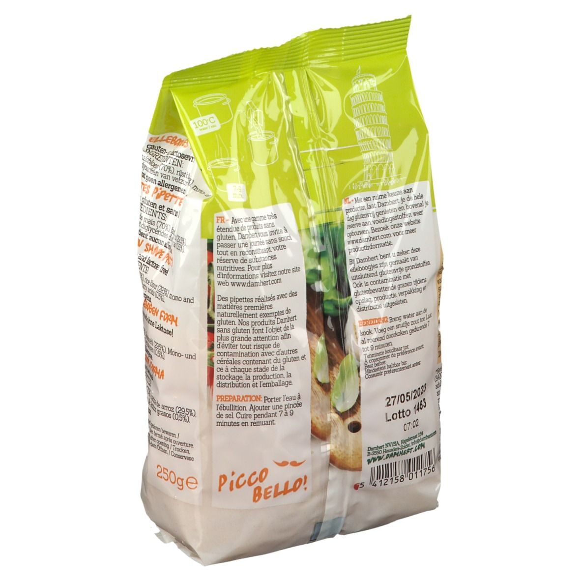 Damhert Pipette Pasta glutenfrei. Rückseite der Verpackung. Text in mehreren Sprachen. Enthält Informationen zu Zutaten und Nährwerten.