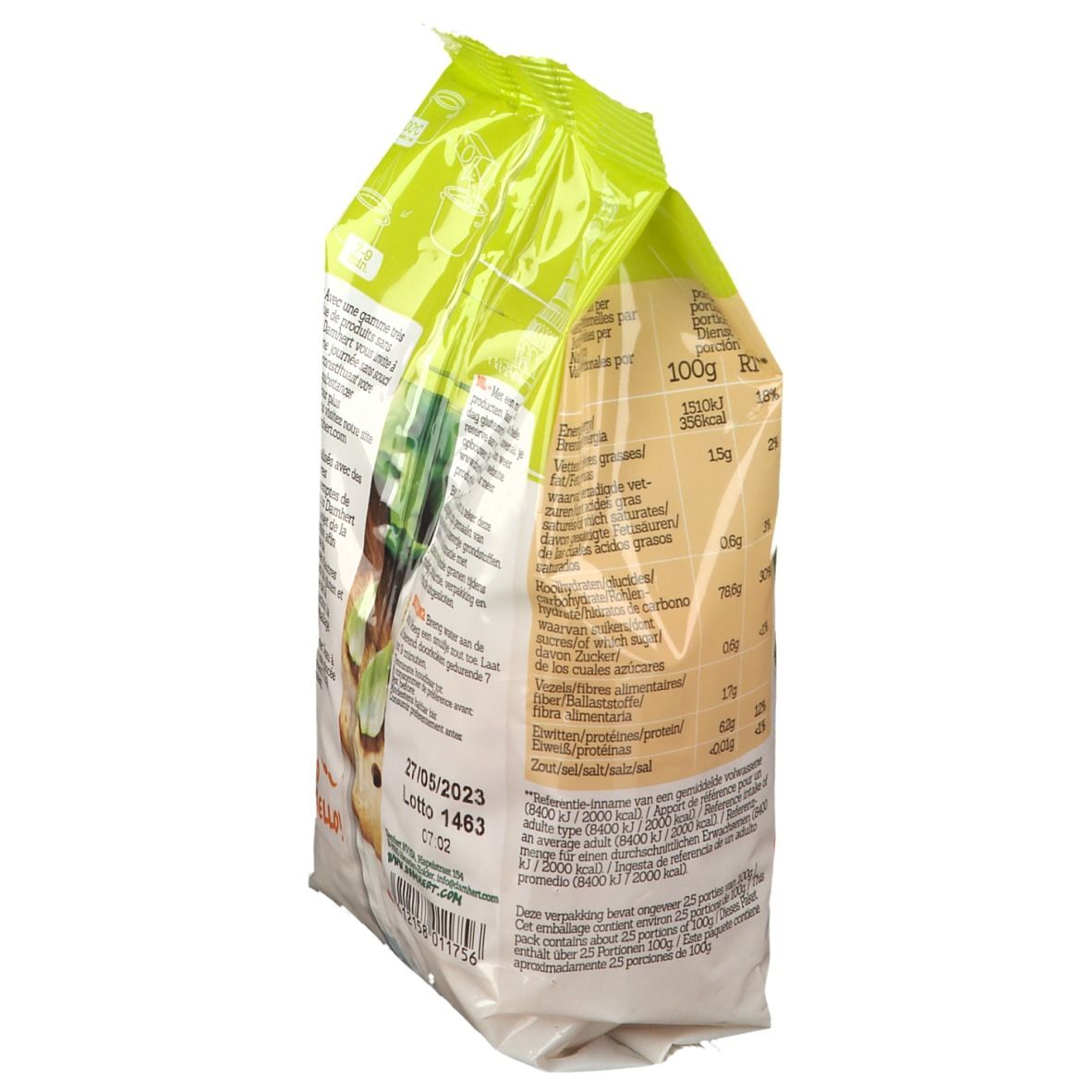 Damhert Pipette Pasta glutenfrei. Rückseite der Verpackung. Text in mehreren Sprachen. Enthält Informationen zu Zutaten und Nährwerten.