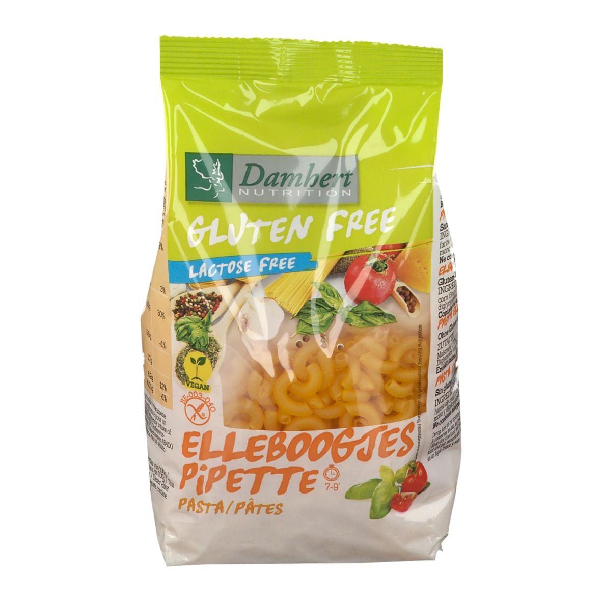 Damhert Pipette Pasta glutenfrei. Transparente Tüte mit gelben Nudeln. Aufdruck: Gluten Free, Lactose Free, Vegan.