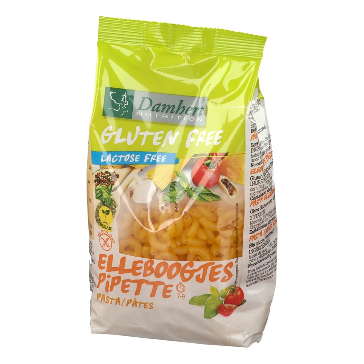 Damhert Pipette Pasta glutenfrei. Transparente Tüte mit gelben Nudeln. Aufdruck: Gluten Free, Lactose Free, Vegan.