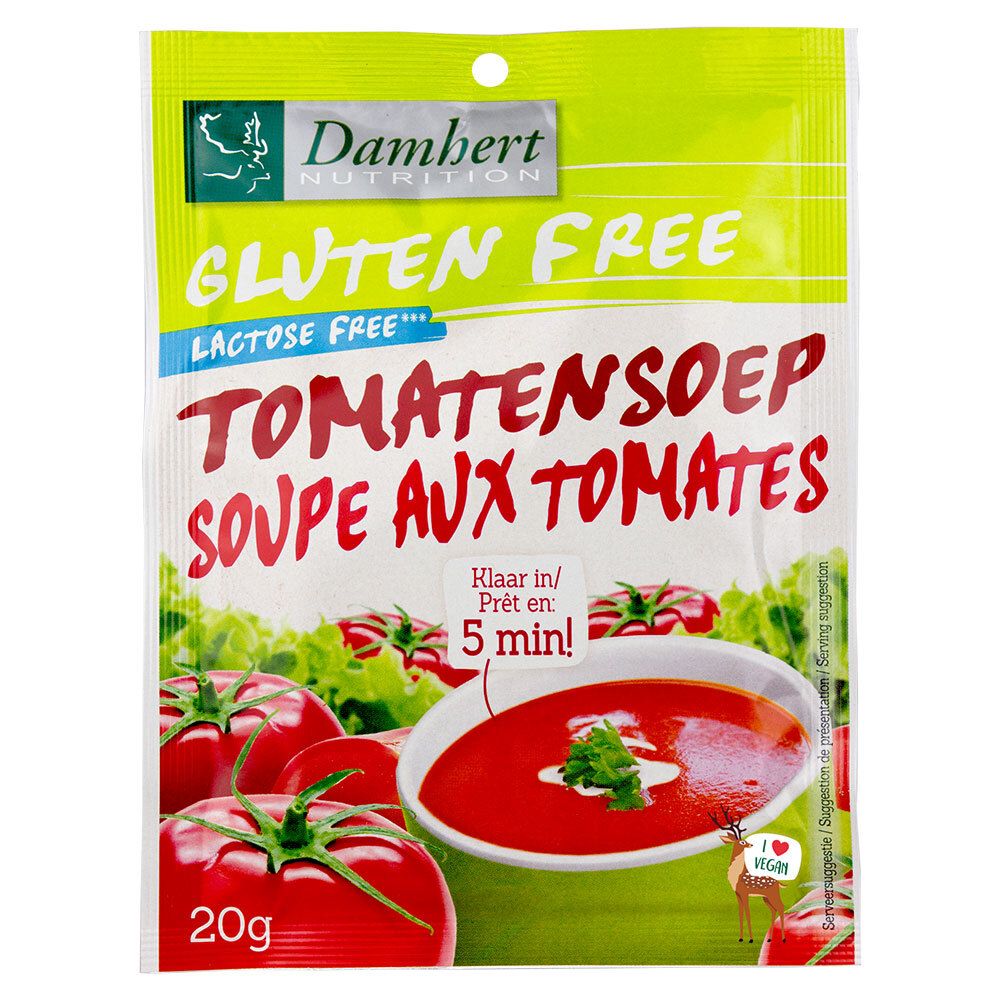 Sachet de Damhert Instant Soupe aux Tomates Sans Gluten. Sans gluten, sans lactose. Illustration de soupe de tomates.
