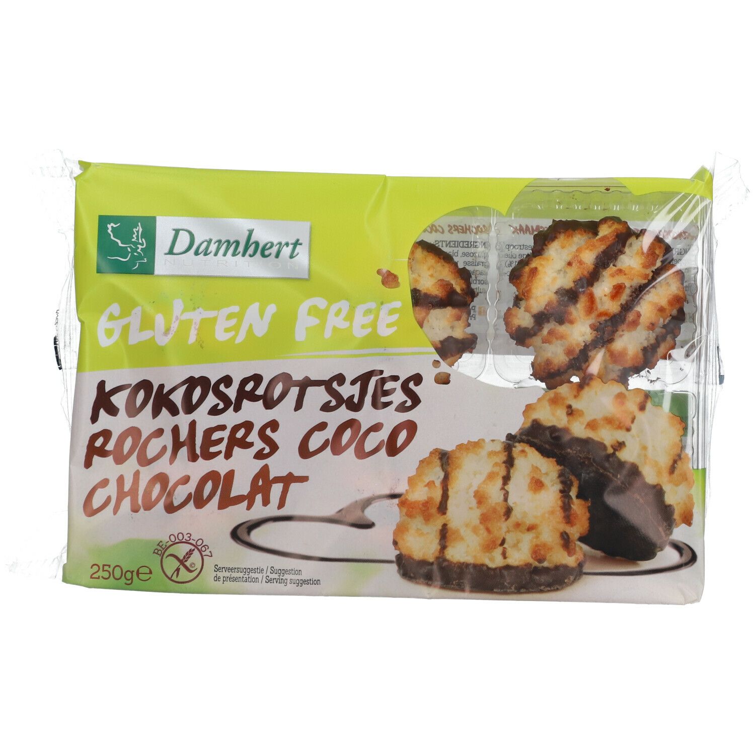 Verpackung Kokosmakronen mit Schokolade. Glutenfrei. Sichtbar: Marke, Produktname, Logo, 250g.