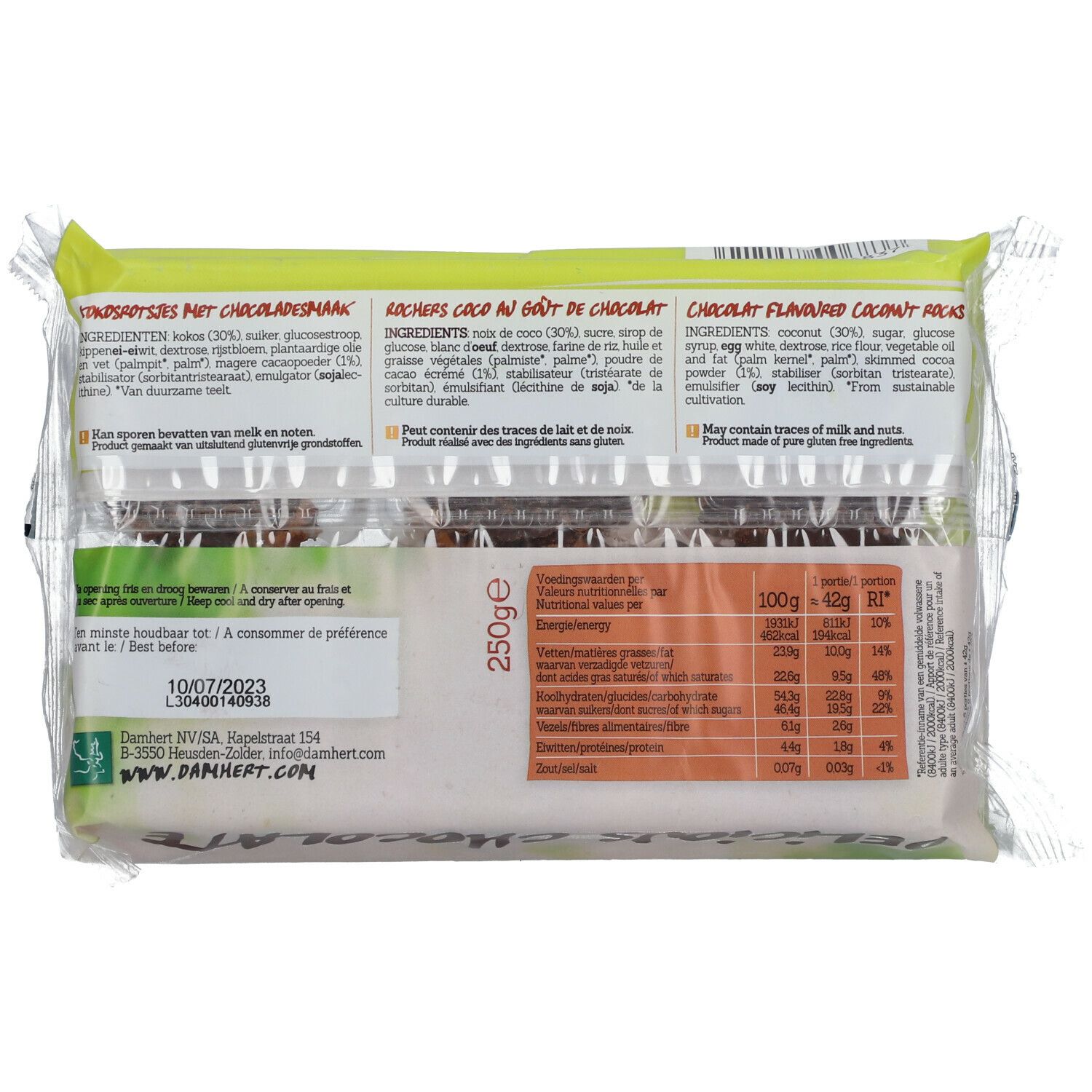 Rückseite der Verpackung. Zutatenliste, Nährwertangaben, Mindesthaltbarkeitsdatum, 250g.