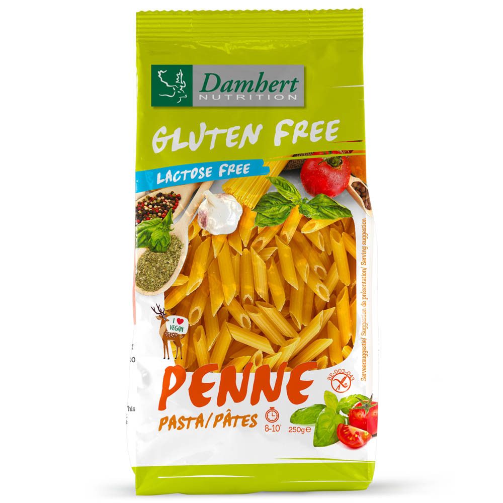 Paquet de pâtes penne sans gluten. Marque Damhert Nutrition. Sans gluten et sans lactose. 250g.