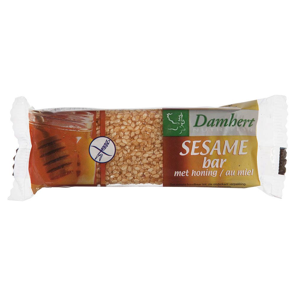 Barre de sésame emballée. Inscription : Damhert Nutrition, Sesame bar, avec miel/au miel. Graphique en nid d'abeille.