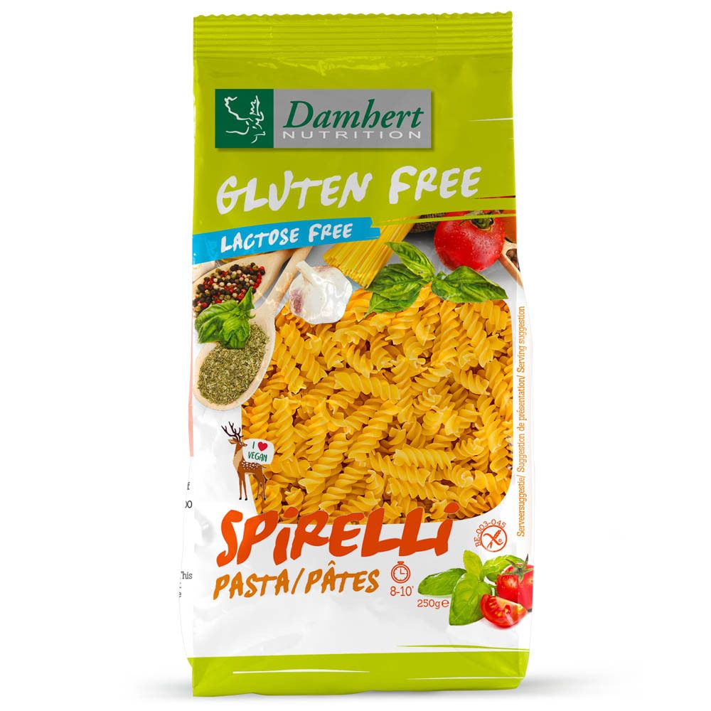 Vue de face du paquet de pâtes Spirelli. Sans gluten, sans lactose. Pâtes spirales jaunes visibles.