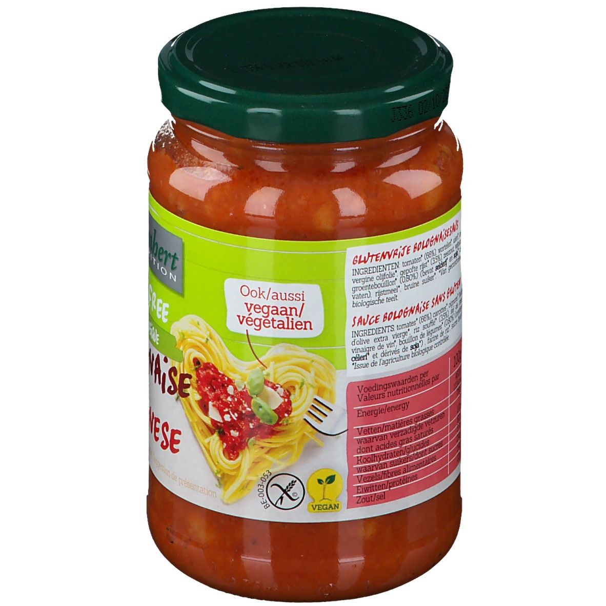 Glas Bolognese-Sauce. Rückseite mit Zutatenliste. Vegan- und Glutenfrei-Hinweis. Grünes Etikett.