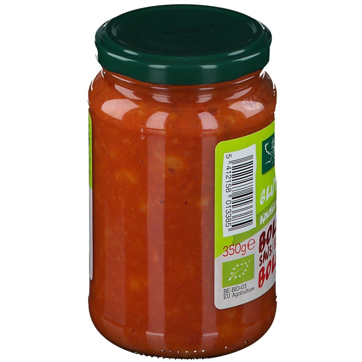 Glas Bolognese-Sauce. Grünes Etikett mit Logo, Schriftzug 'Gluten Free' und 'Bolognaise'. 350g.