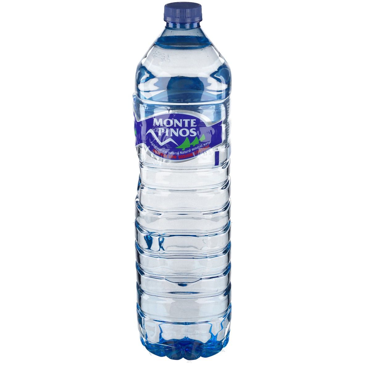Klare Plastikflasche mit blauem Deckel und Etikett. Auf dem Etikett steht "MONTE PINOS".