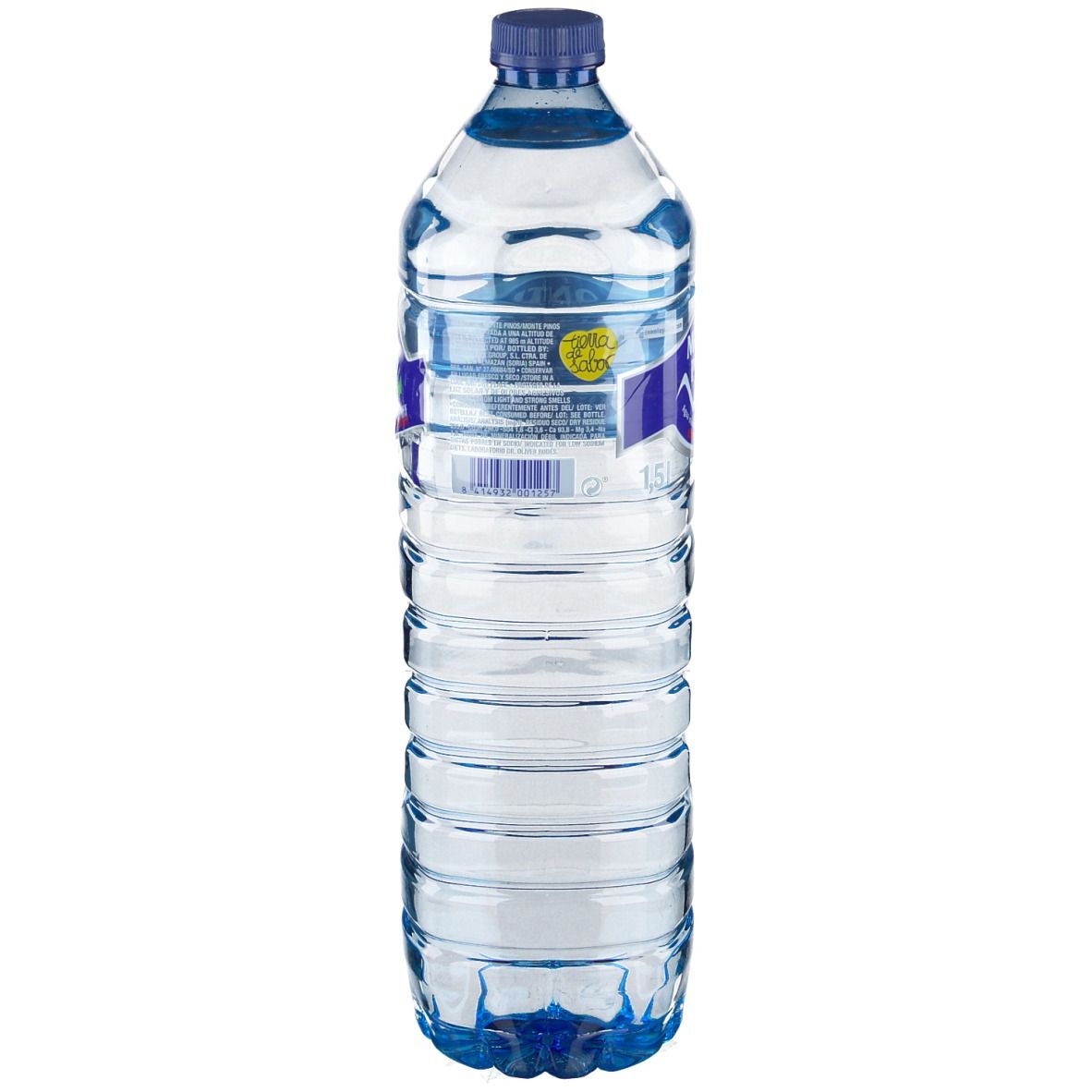Rückansicht einer transparenten Plastikflasche mit blauem Deckel. Etikett mit Text und Barcode.