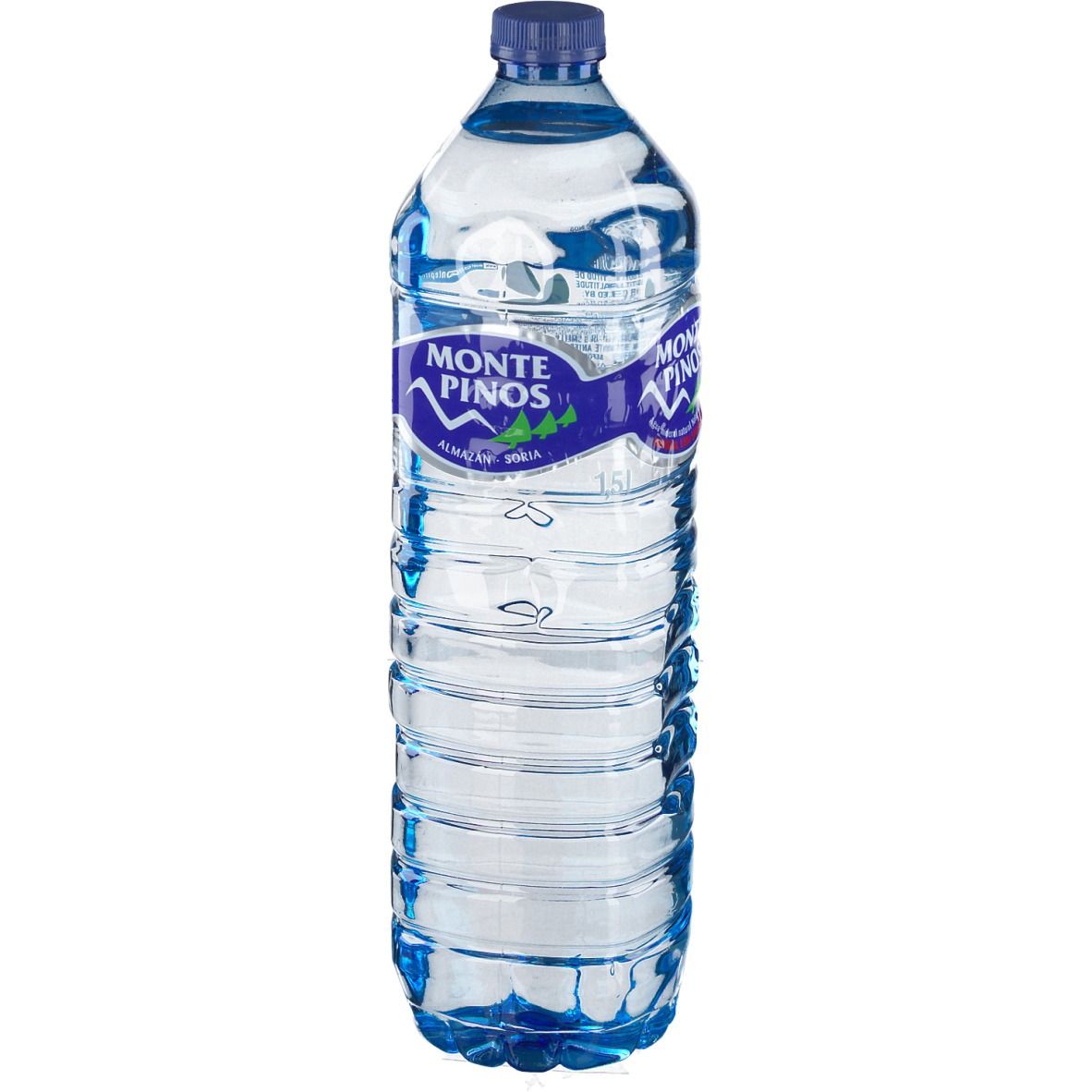 Klare Plastikflasche mit blauem Deckel und Etikett. Auf dem Etikett steht "MONTE PINOS".