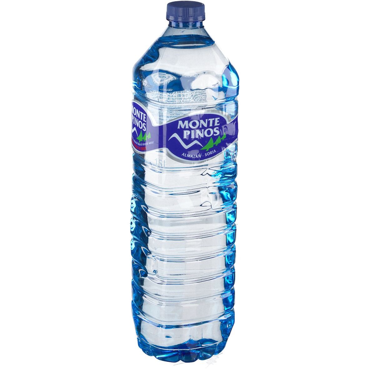 Klare Plastikflasche mit blauem Deckel und Etikett. Auf dem Etikett steht "MONTE PINOS".