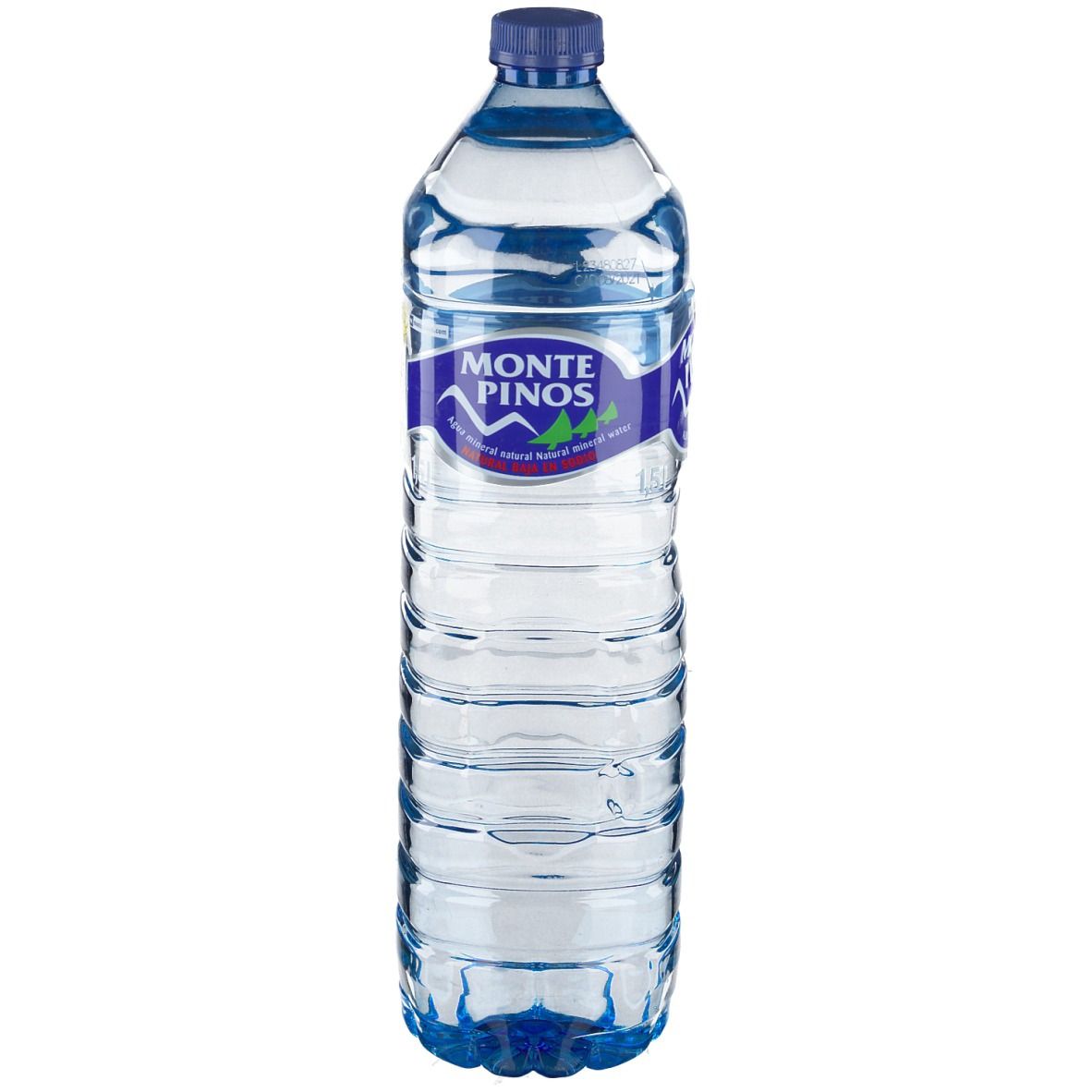 Klare Plastikflasche mit blauem Deckel und Etikett. Auf dem Etikett steht "MONTE PINOS".