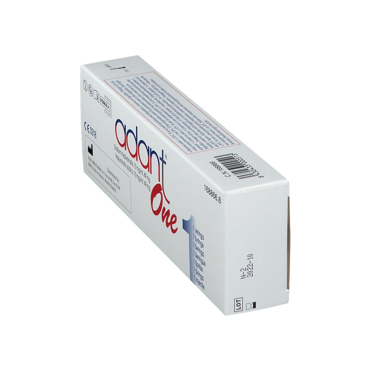 Boîte de adant® One en biais. Contient 1 seringue préremplie. Inscription : Hyaluronate de sodium 10 mg/ml, 49 mg.