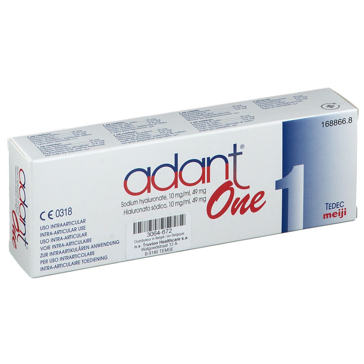 Boîte de adant® One. Contient 1 seringue préremplie. Inscription : Hyaluronate de sodium 10 mg/ml, 49 mg. Avec marquage CE.
