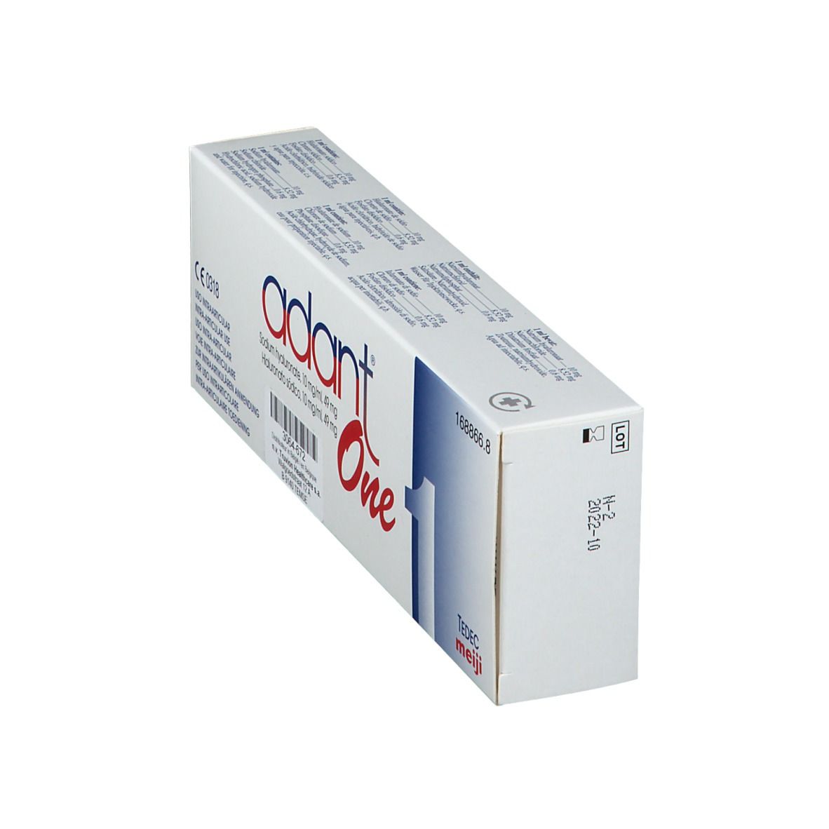 Boîte de adant® One en biais. Contient 1 seringue préremplie. Inscription : Hyaluronate de sodium 10 mg/ml, 49 mg.