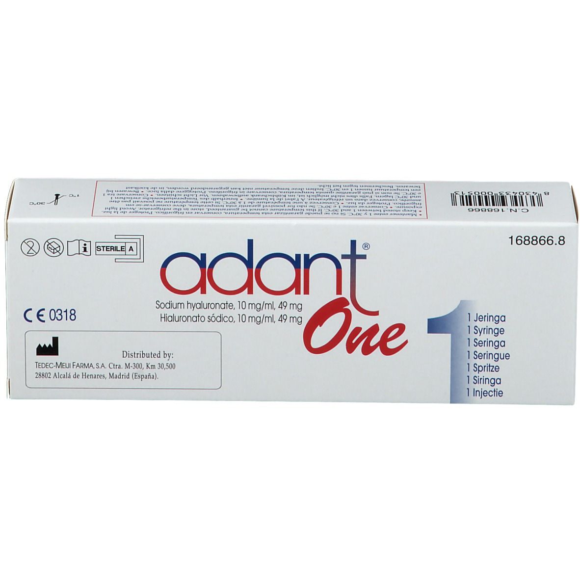 Boîte de adant® One. Contient 1 seringue préremplie. Inscription : Hyaluronate de sodium 10 mg/ml, 49 mg. Avec marquage CE.