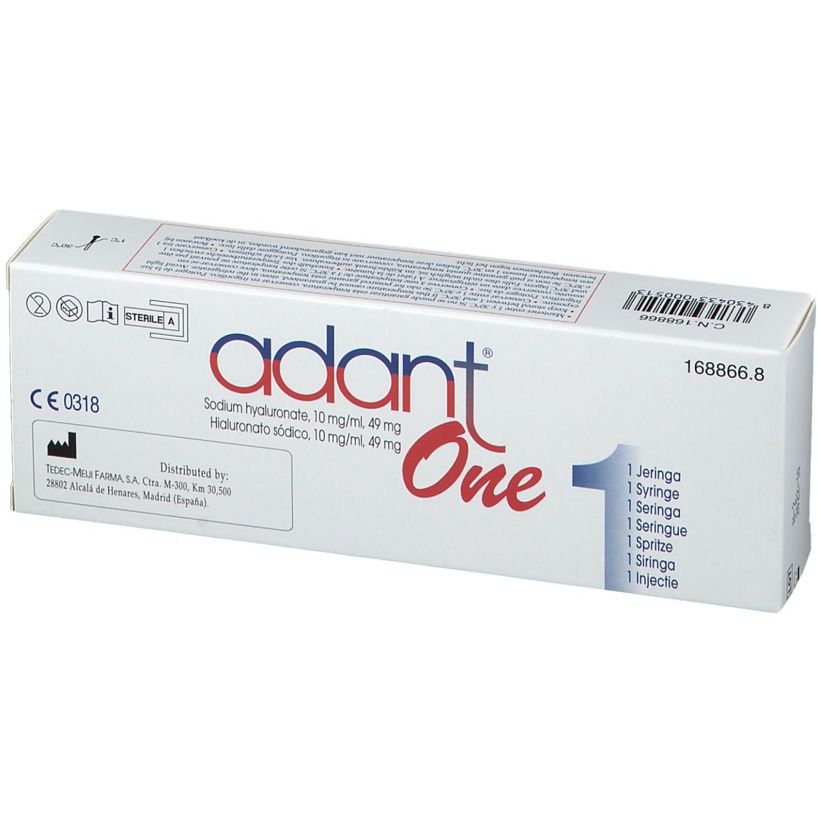 Boîte de adant® One. Contient 1 seringue préremplie. Inscription : Hyaluronate de sodium 10 mg/ml, 49 mg. Avec marquage CE.