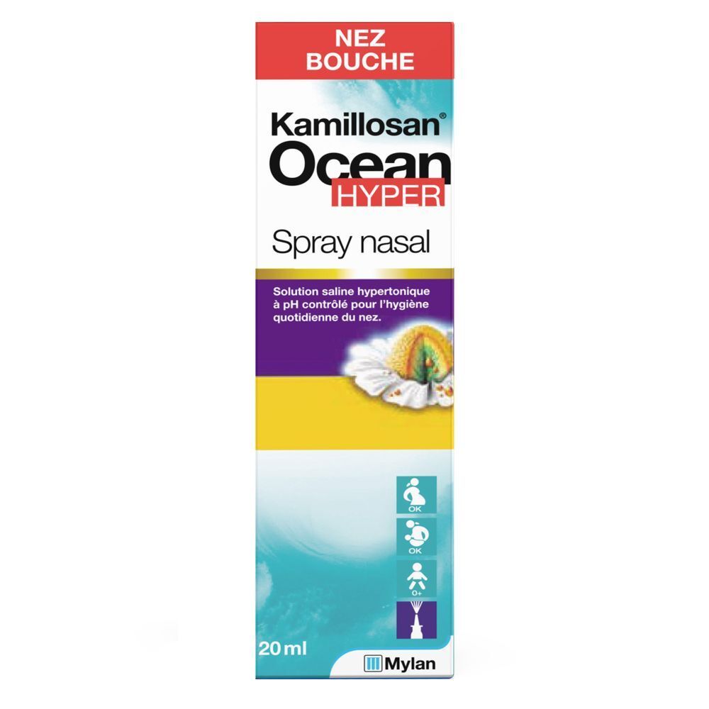 Flacon de spray nasal Kamillosan Ocean Hyper. Contient 20 ml. Logo Mylan. Texte: Nez bouché.