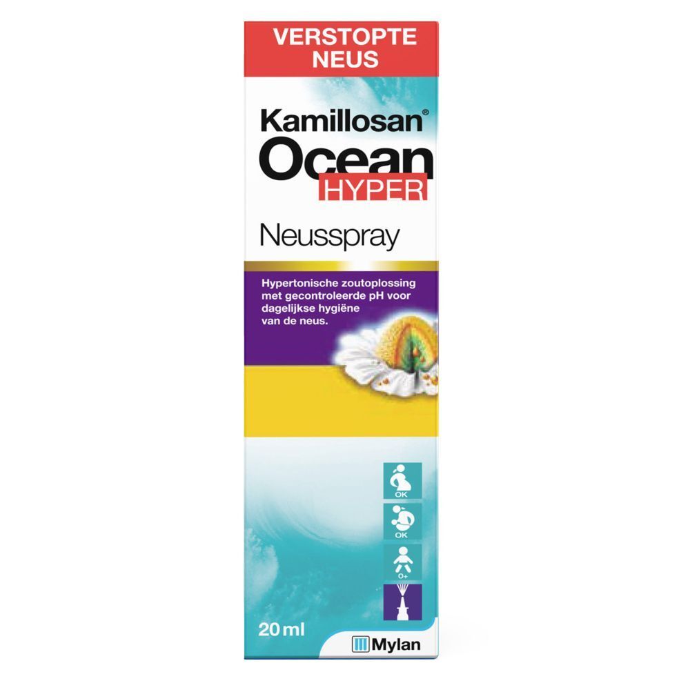 Kamillosan Ocean Hyper neusspray, flesje. 20 ml. Tekst: Verstopte neus. Mylan-logo.