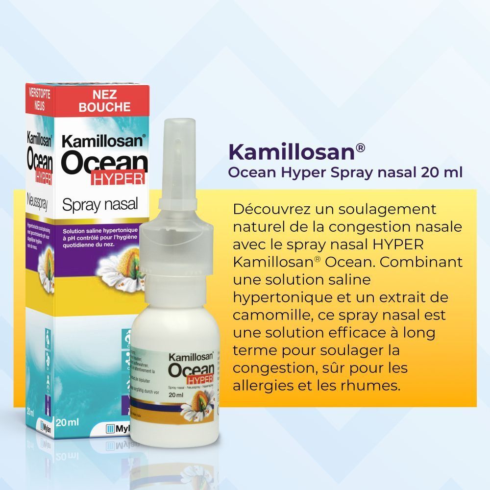 Flacon de spray nasal Kamillosan Ocean Hyper 20 ml et emballage. Texte en français.