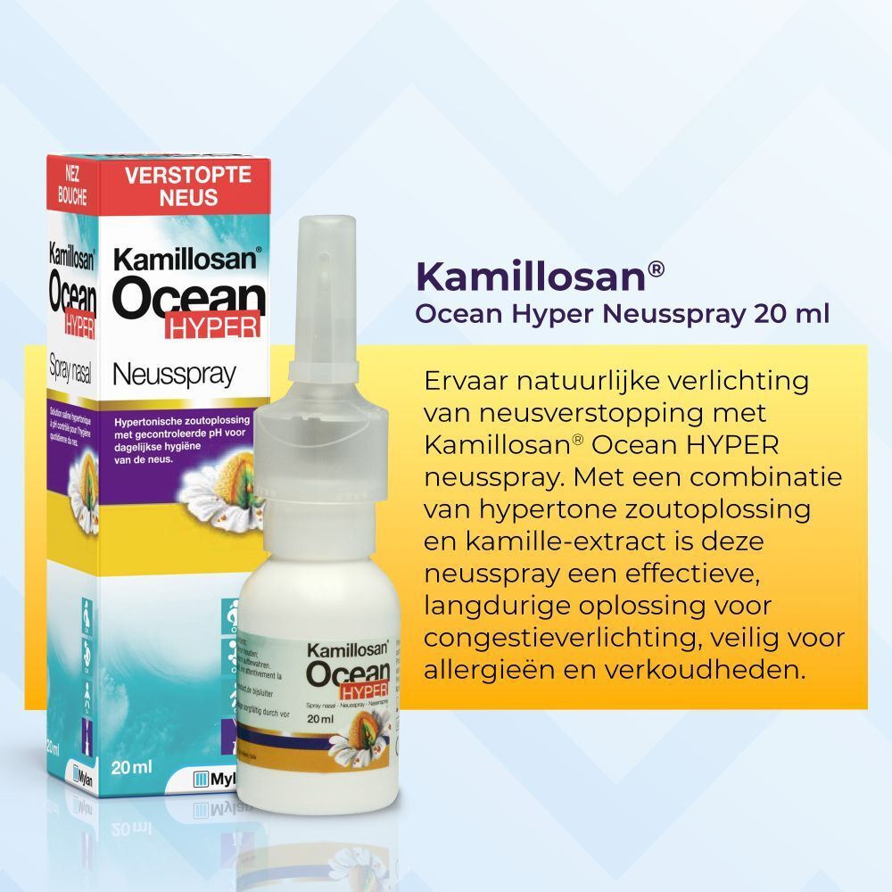 Kamillosan Ocean Hyper neusspray 20 ml met verpakking. Flesje en doosje. Nederlandse tekst.
