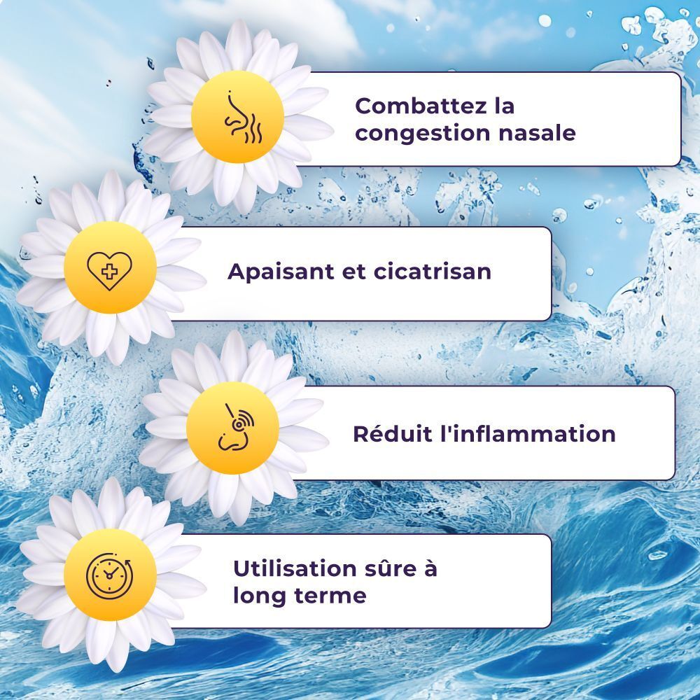 Graphique avec fleurs de camomille et texte en français: combat la congestion nasale, apaisant, réduit l'inflammation.