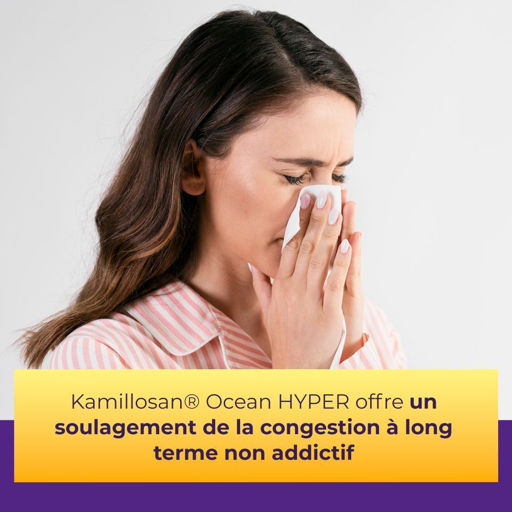 Femme avec mouchoir. Texte en français: Kamillosan Ocean Hyper offre un soulagement à long terme non addictif.