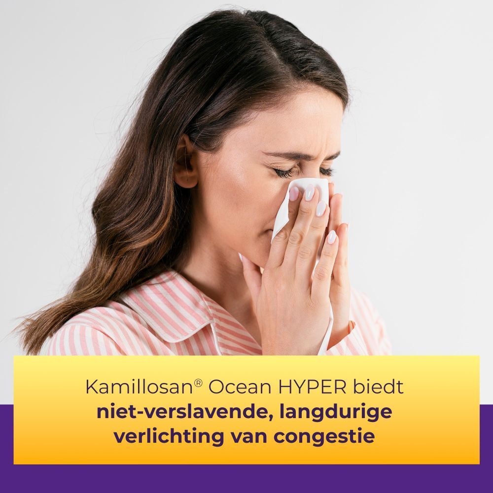 Vrouw met zakdoek. Nederlandse tekst: Kamillosan Ocean Hyper biedt niet-verslavende, langdurige verlichting.