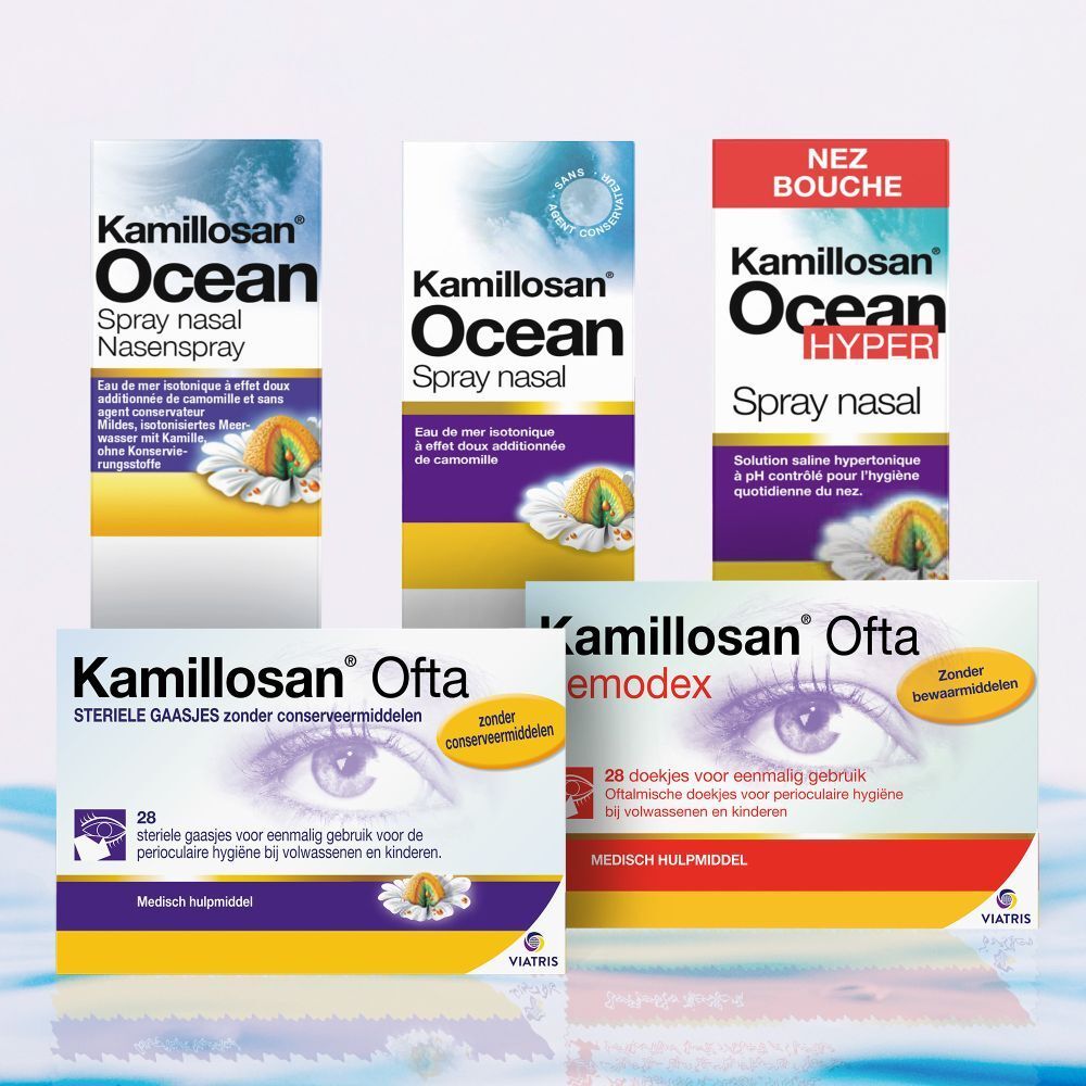 Différents produits Kamillosan: spray nasal, rinçage oculaire, lingettes nettoyantes pour les yeux. Texte en néerlandais.
